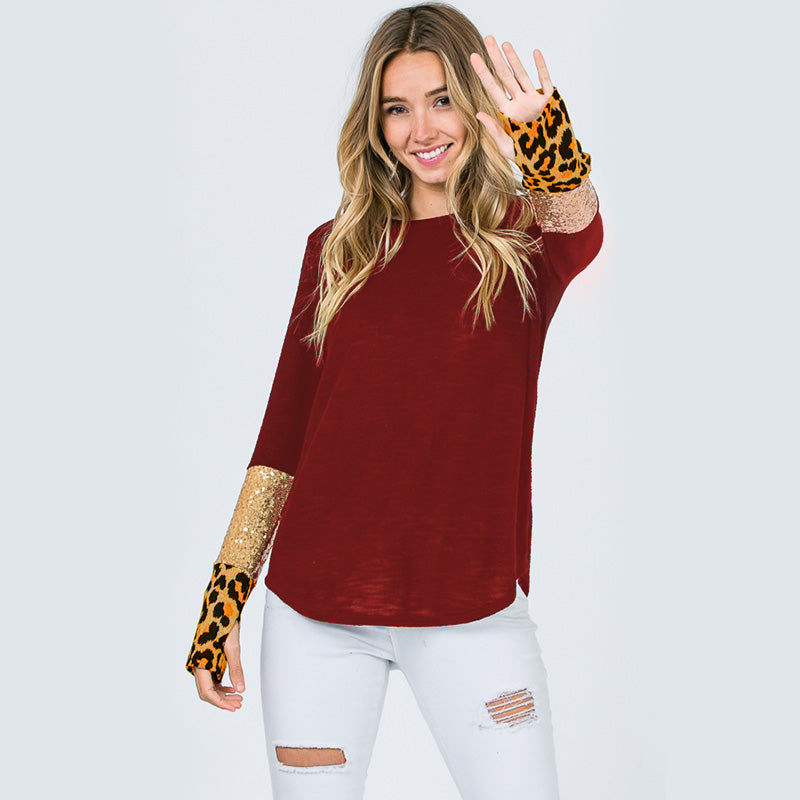 Glitter Leopard Sleeve Top Burgundy