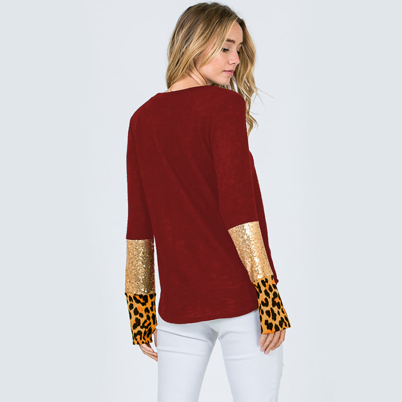 Glitter Leopard Sleeve Top Burgundy