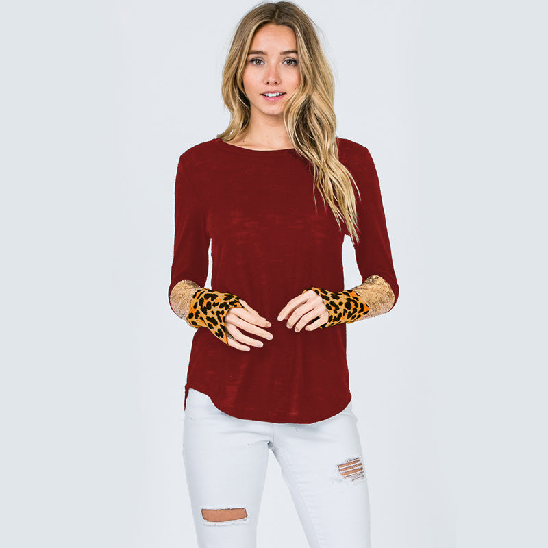 Glitter Leopard Sleeve Top Burgundy