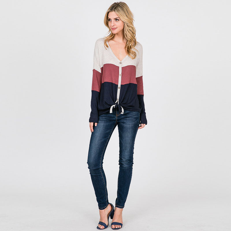 Waffle knit Colour Block Top Navy