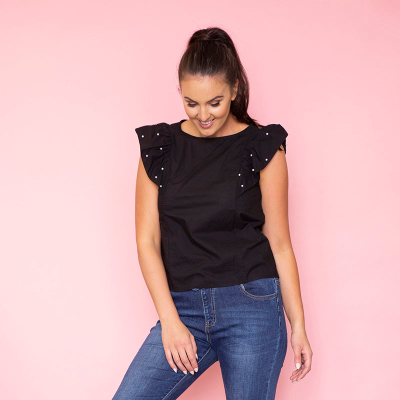 Rey Ruffle Pearl Top (Black)