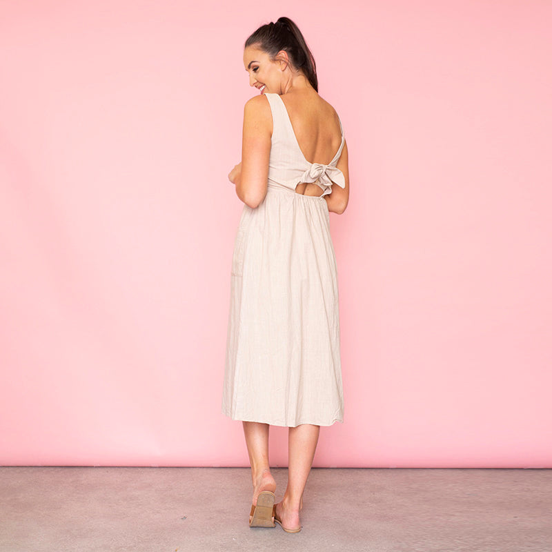 Bree Bow Back Midi Dress (Beige)