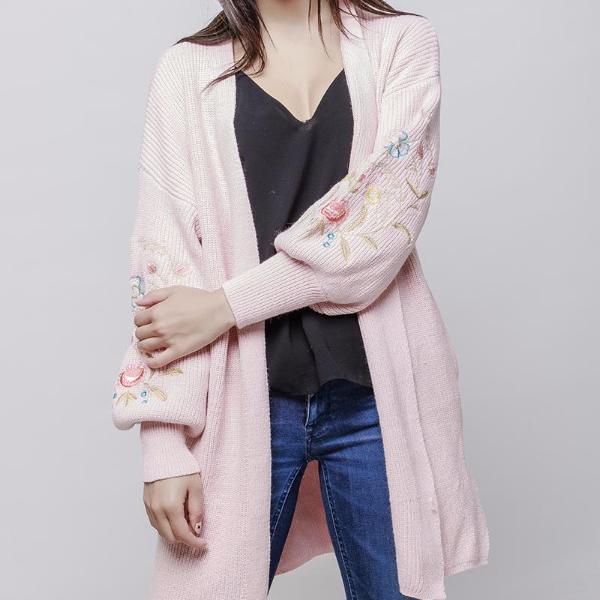 Long Floral Embroidered Cardigan Pink