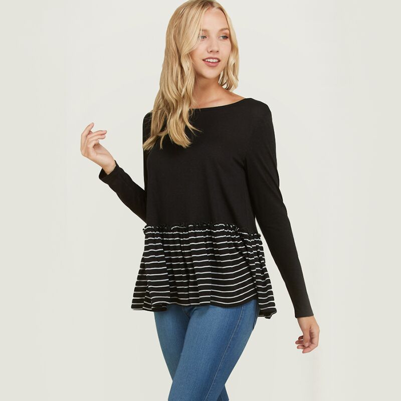 Stripe Ruffle Hem Top Black