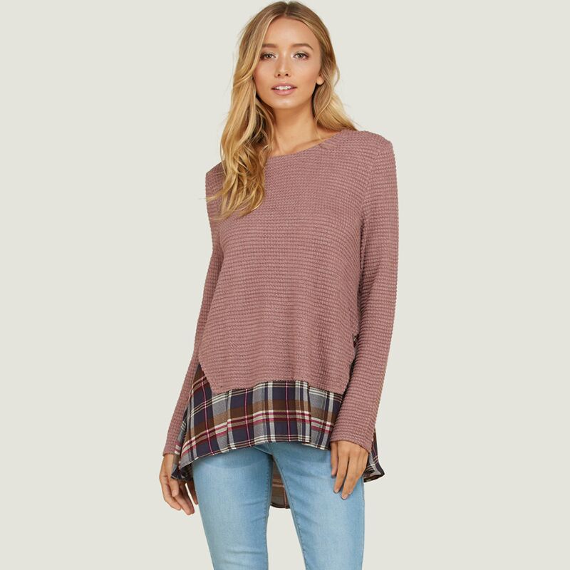 Check Trim Waffle Knit Top Mauve