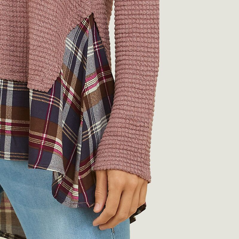 Check Trim Waffle Knit Top Mauve