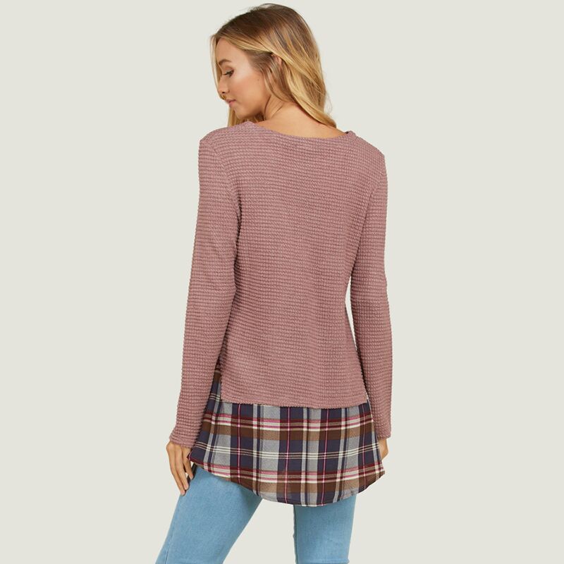 Check Trim Waffle Knit Top Mauve