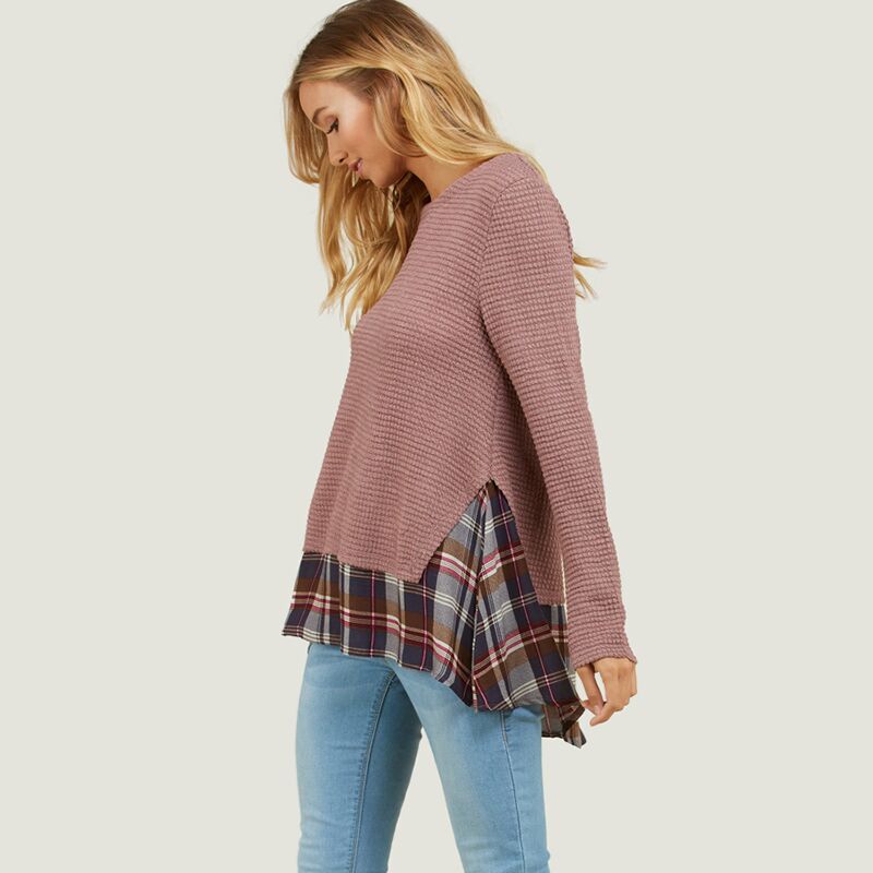 Check Trim Waffle Knit Top Mauve