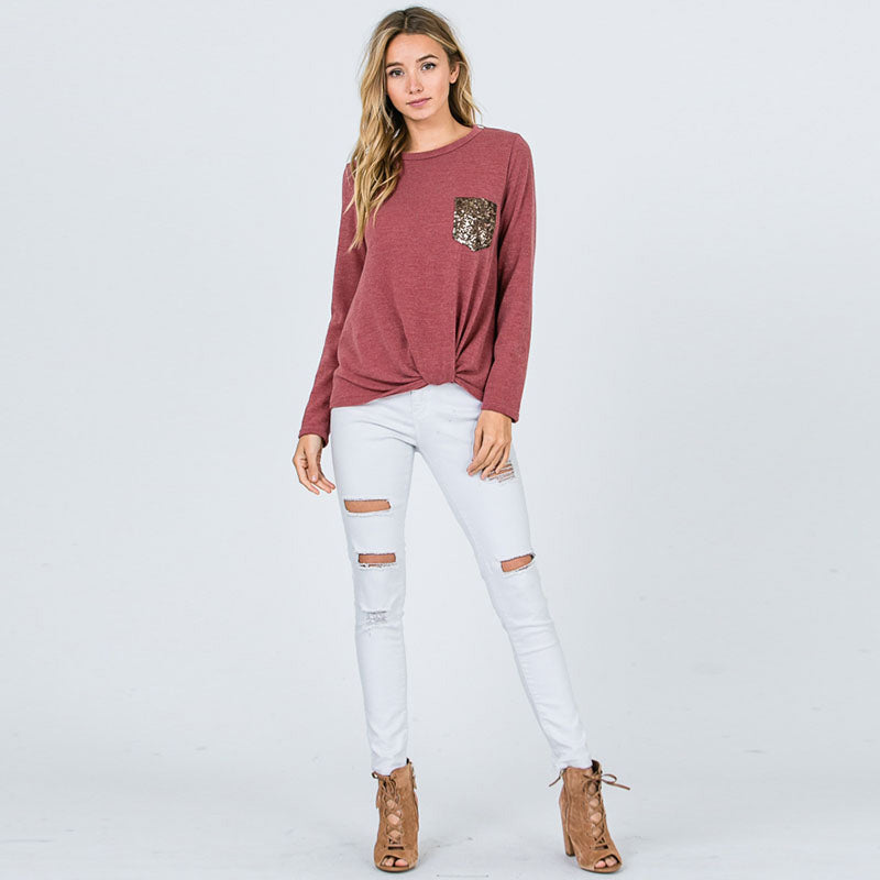 Glitter Pocket Knot Top Mauve