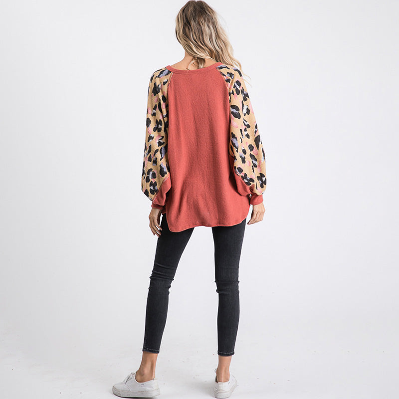 Anna Leopard Sleeve Oversized Top Mauve - The Casual Company